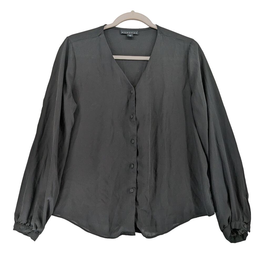 Attention Button Up Blouse M Black Balloon Sleeve VNeck Relaxed Fit Workwear